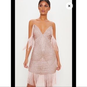 Rose Sequin Tassel Cold Shoulder Detail Midi Dress